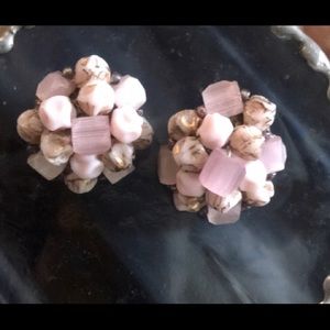 Romantic Vintage West Germany Pink And Gold  Earrings Multi Shape Beads